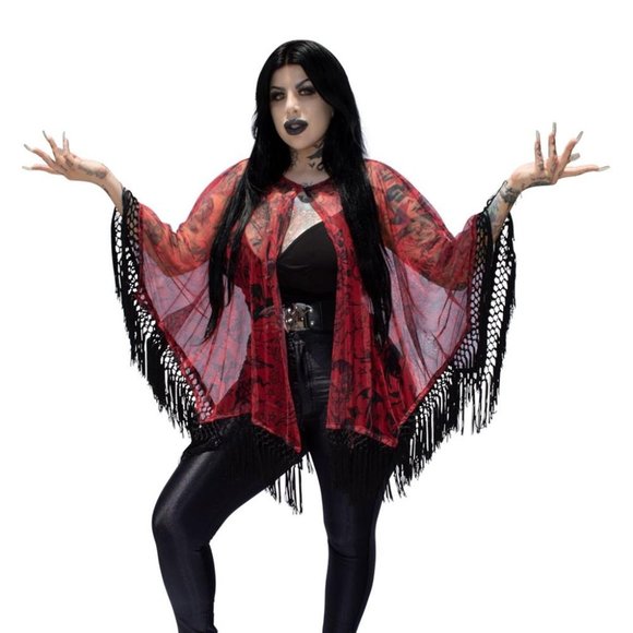 Jackets & Blazers - New Devil Print Red Mesh Fringed Cape Shawl Cover Up 2-4XL